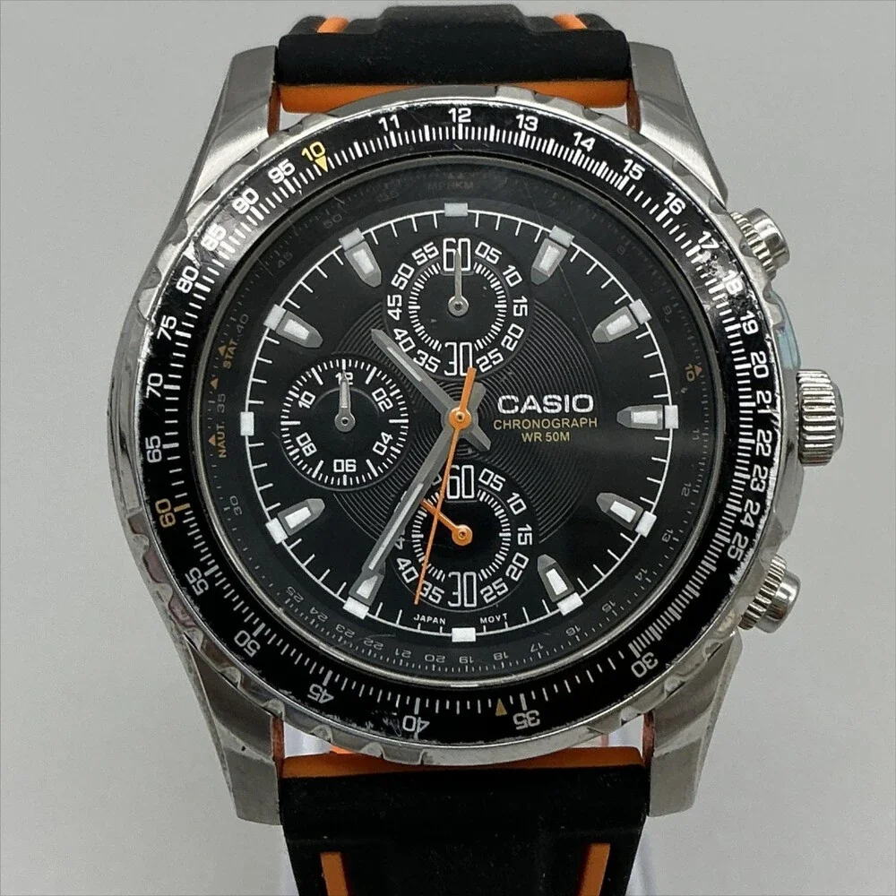 Casio MTP-4500 Mens Watch 41mm Black Dial Chronograph Black Orange Silicone